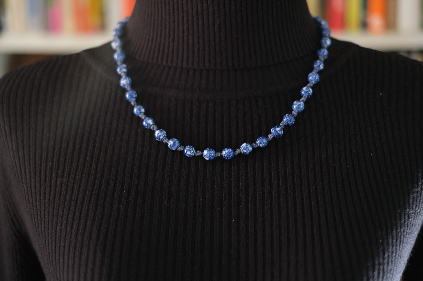 Vintage Blue and White Porcelain Bead Necklace – 19" Hand-Knotted Floral Design with Silver Tone Clasp