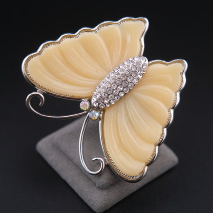 ❤️ Vintage Butterfly Brooch – Silver-Tone with Cream Resin Wings & Rhinestone Body