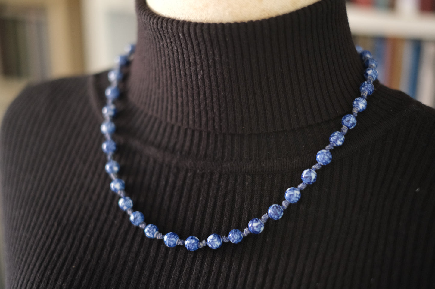 Vintage Blue and White Porcelain Bead Necklace – 19" Hand-Knotted Floral Design with Silver Tone Clasp