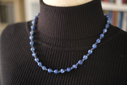 Vintage Blue and White Porcelain Bead Necklace – 19" Hand-Knotted Floral Design with Silver Tone Clasp