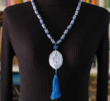 Vintage Chinese Blue & White Porcelain Pendant Necklace – Silk Knotted Dumbbell Beads with Tassel