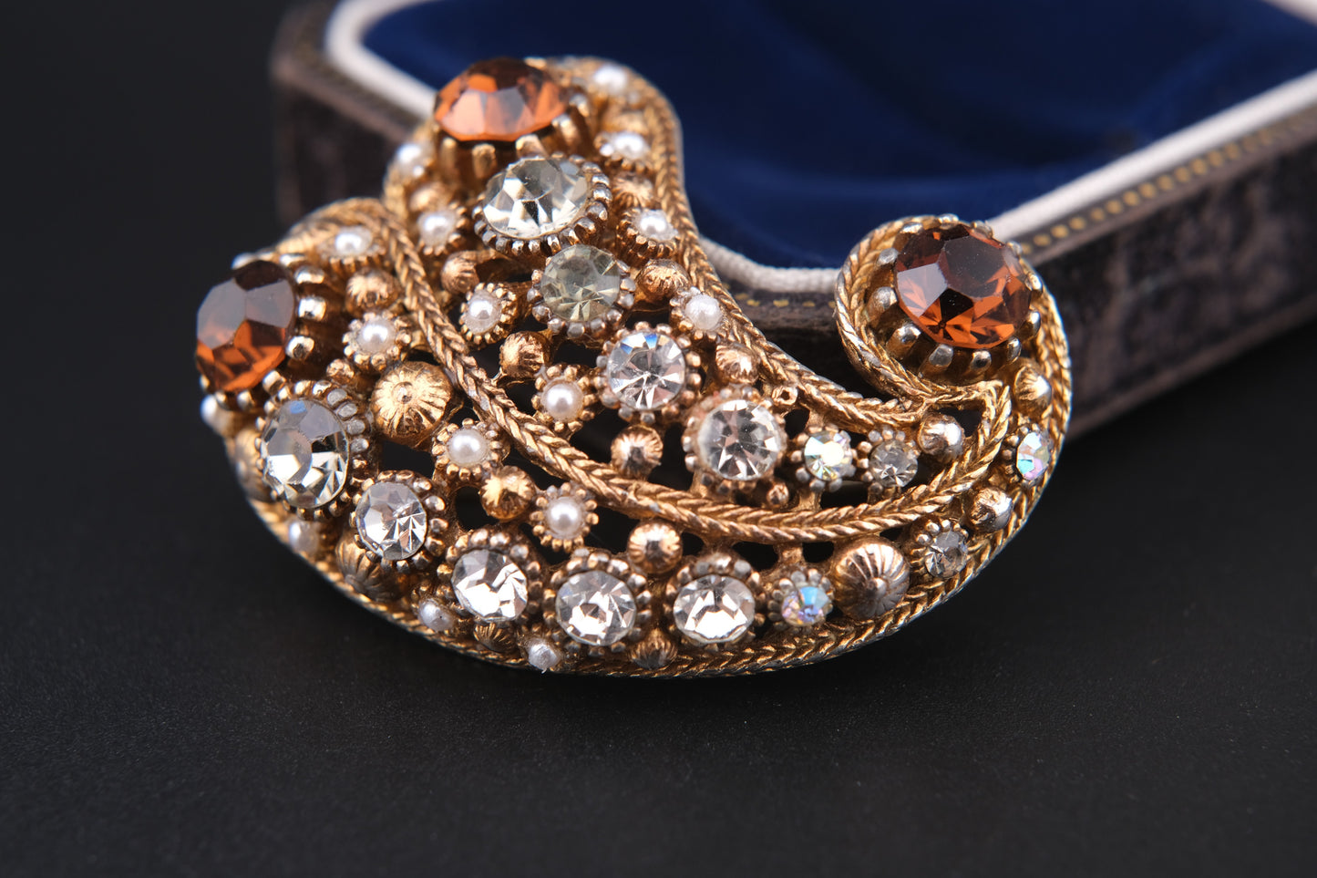 Vintage Nina Ricci Paisley Brooch – Gold-Tone with Rhinestones & Faux Pearls