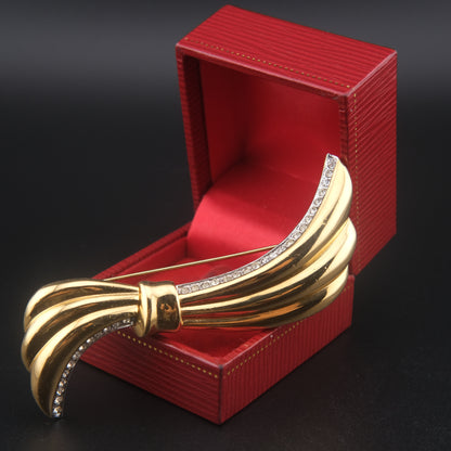 Vintage Yves Saint Laurent Gold-Tone Ribbon Brooch with Rhinestones – 3"