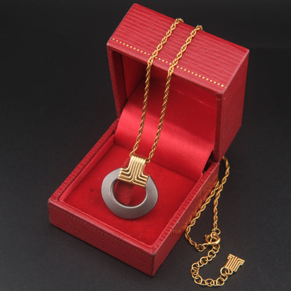 Vintage Lanvin Modernist Pendant Necklace, Gold & Matte Gunmetal Circle, 1980s Designer Jewelry