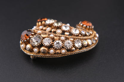 Vintage Nina Ricci Paisley Brooch – Gold-Tone with Rhinestones & Faux Pearls