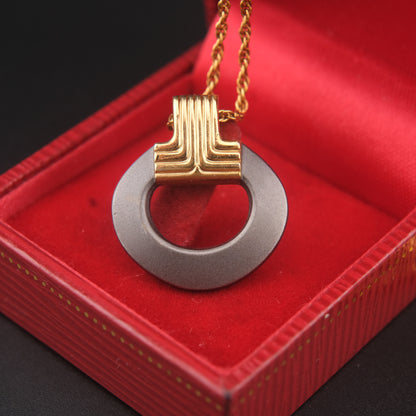 Vintage Lanvin Modernist Pendant Necklace, Gold & Matte Gunmetal Circle, 1980s Designer Jewelry