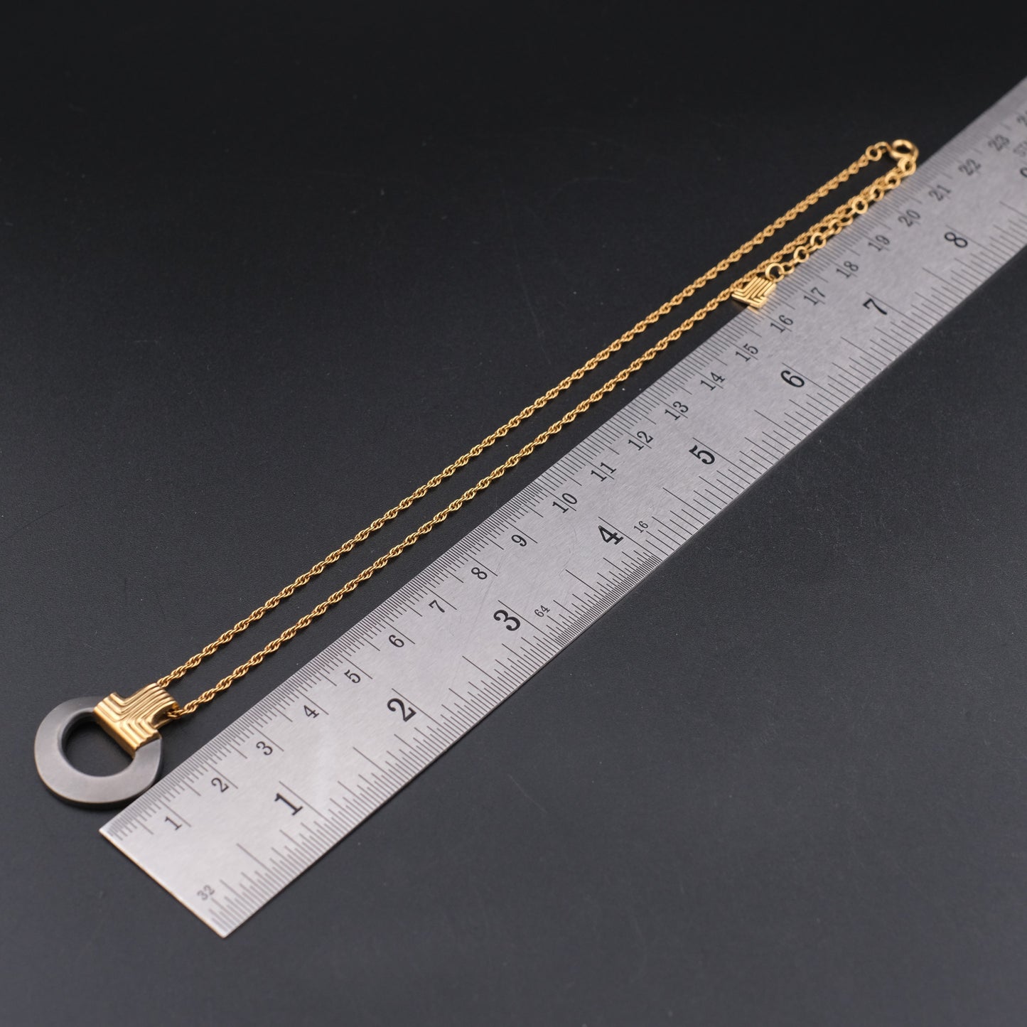 Vintage Lanvin Modernist Pendant Necklace, Gold & Matte Gunmetal Circle, 1980s Designer Jewelry