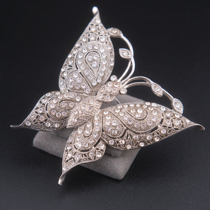 ❤️ Vintage JHS Crystal Pavé Butterfly Brooch – Silver Tone Filigree Style