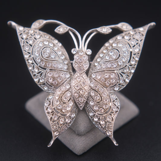 ❤️ Vintage JHS Crystal Pavé Butterfly Brooch – Silver Tone Filigree Style
