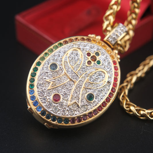 Vintage Swarovski Locket Pendant Necklace, Gold-Tone with Multicolor Crystals, Rope Chain