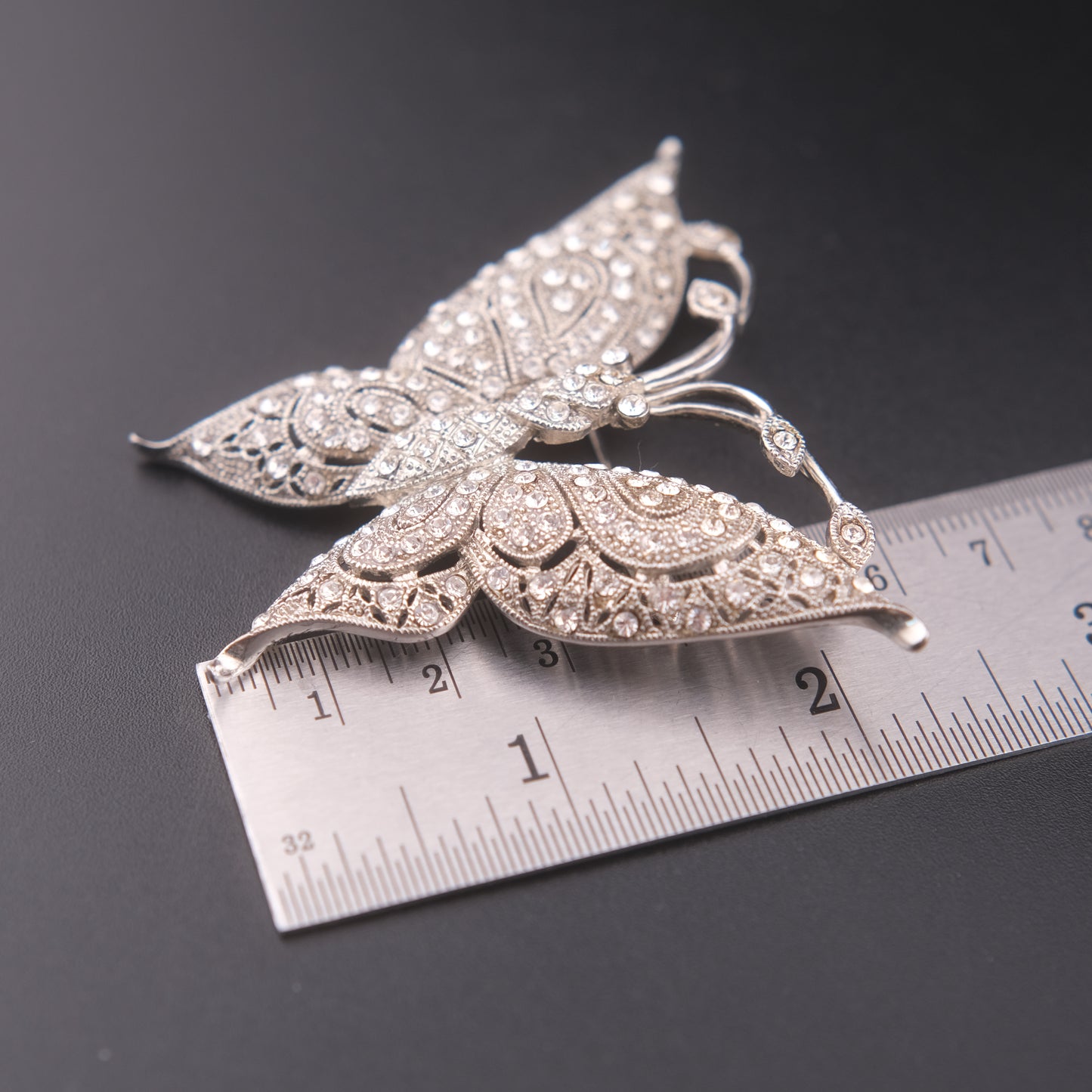 ❤️ Vintage JHS Crystal Pavé Butterfly Brooch – Silver Tone Filigree Style
