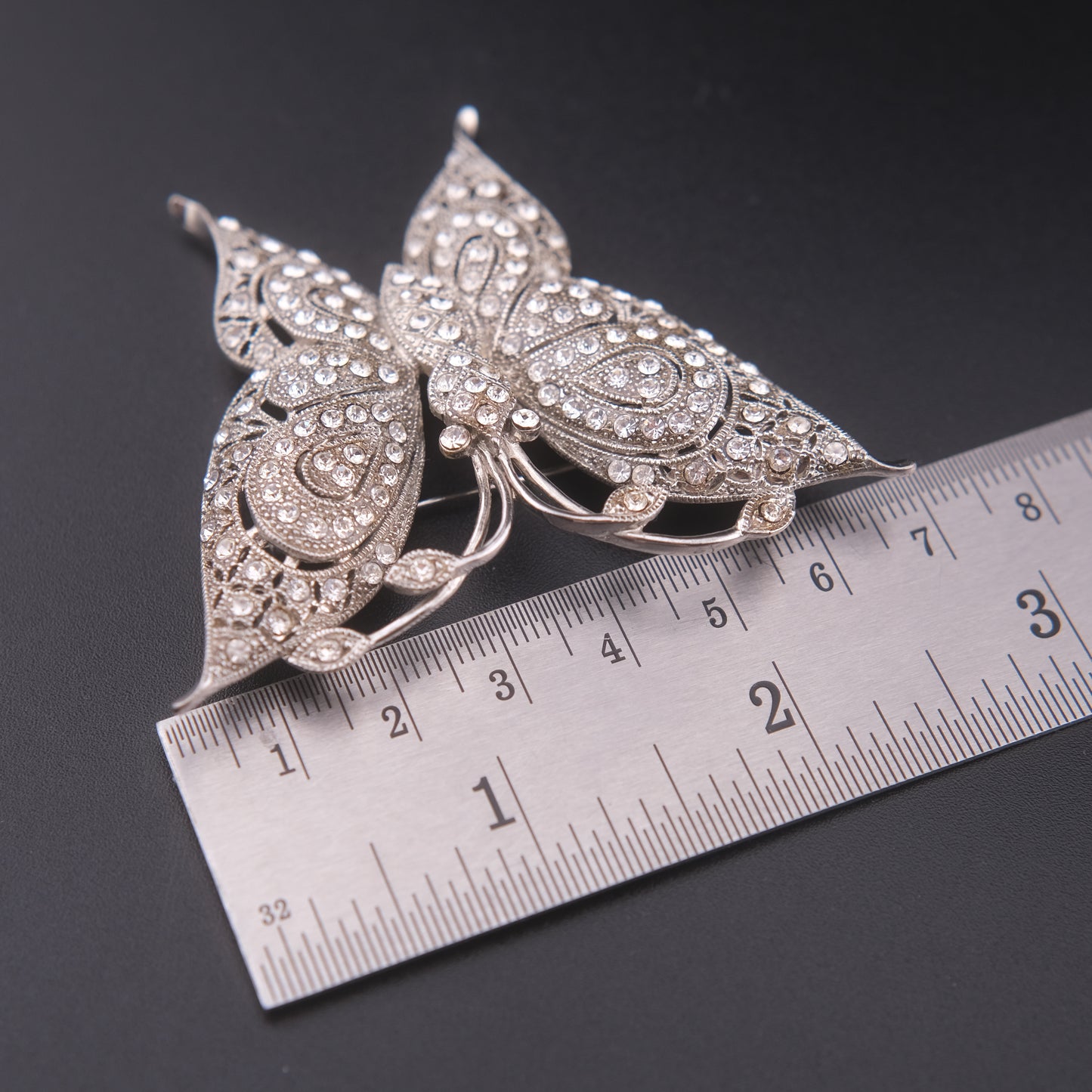 ❤️ Vintage JHS Crystal Pavé Butterfly Brooch – Silver Tone Filigree Style