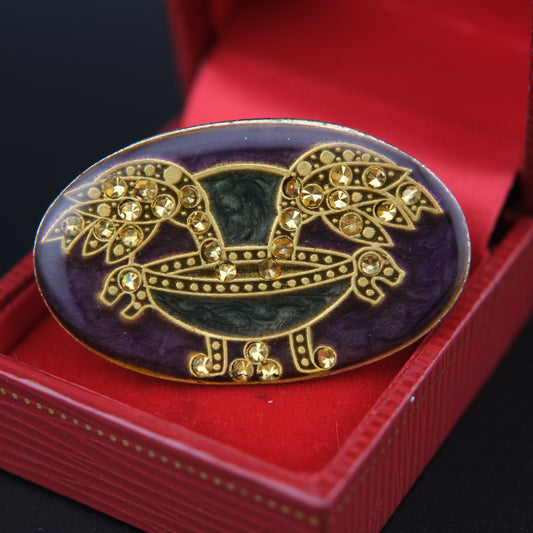 Vintage Art Deco-Style Enamel & Rhinestone Oval Brooch