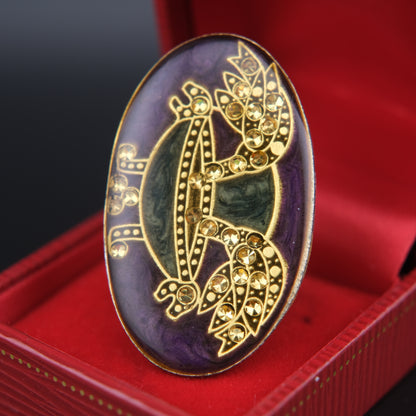 Vintage Art Deco-Style Enamel & Rhinestone Oval Brooch