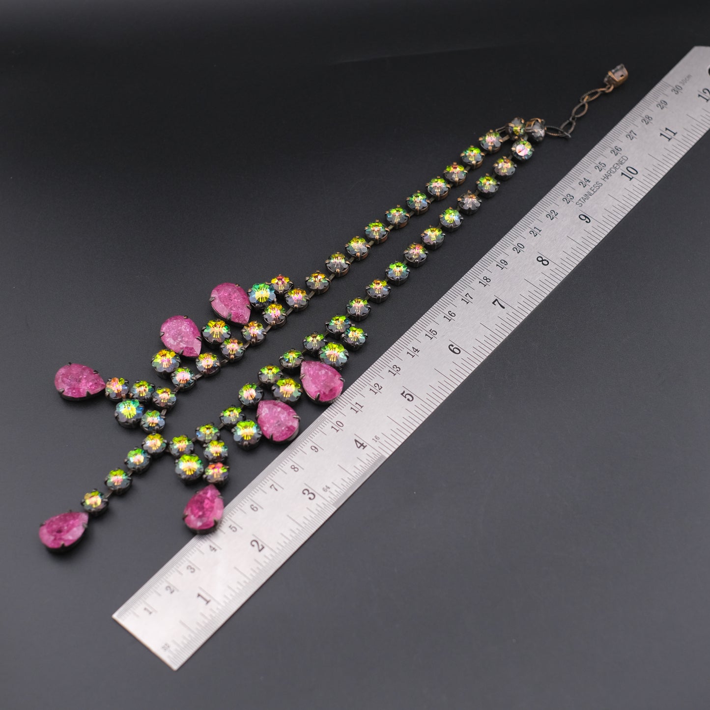 Vintage Statement Necklace with Pink Teardrop Stones & Aurora Borealis Rhinestones