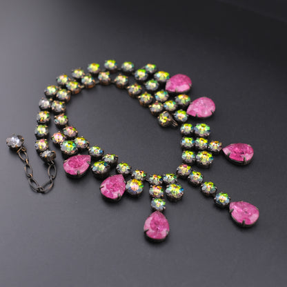 Vintage Statement Necklace with Pink Teardrop Stones & Aurora Borealis Rhinestones