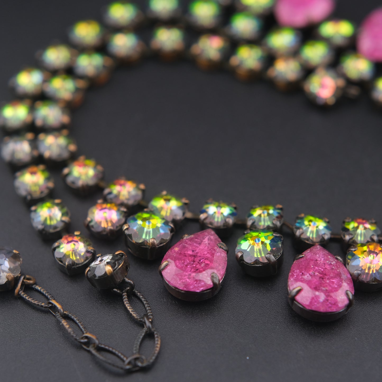 Vintage Statement Necklace with Pink Teardrop Stones & Aurora Borealis Rhinestones