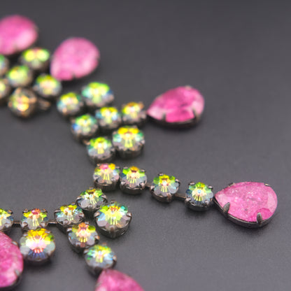 Vintage Statement Necklace with Pink Teardrop Stones & Aurora Borealis Rhinestones