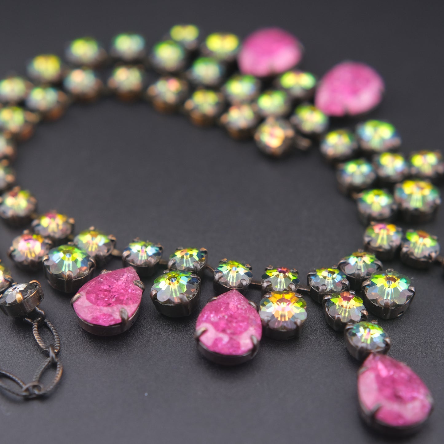 Vintage Statement Necklace with Pink Teardrop Stones & Aurora Borealis Rhinestones