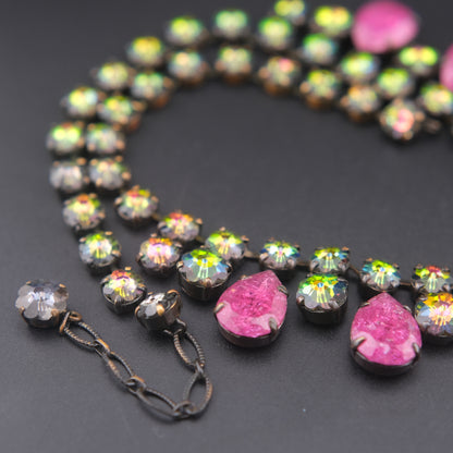 Vintage Statement Necklace with Pink Teardrop Stones & Aurora Borealis Rhinestones