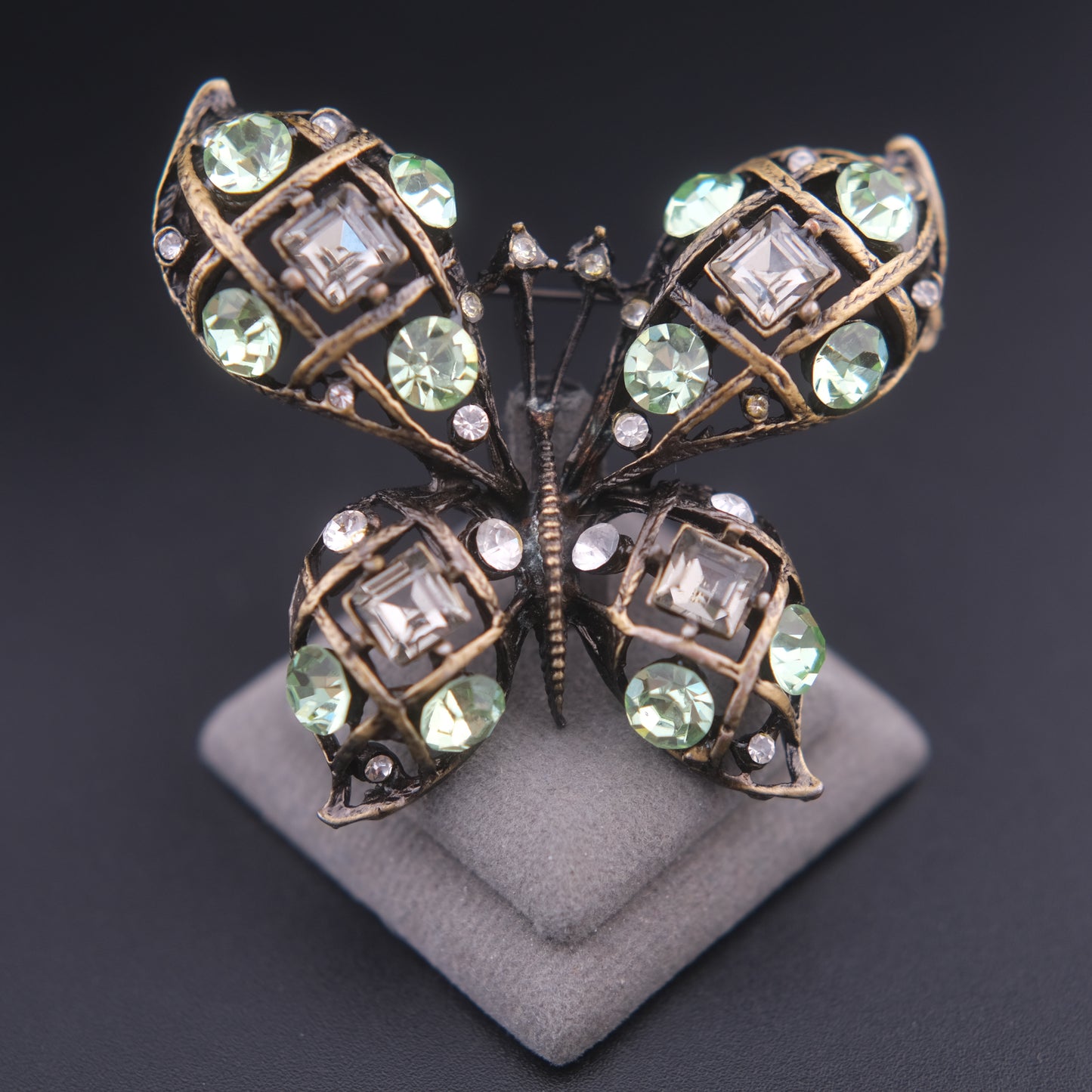 ❤️ Vintage Butterfly Rhinestone Brooch Domed Openwork Antique Gold Oxidized Cage