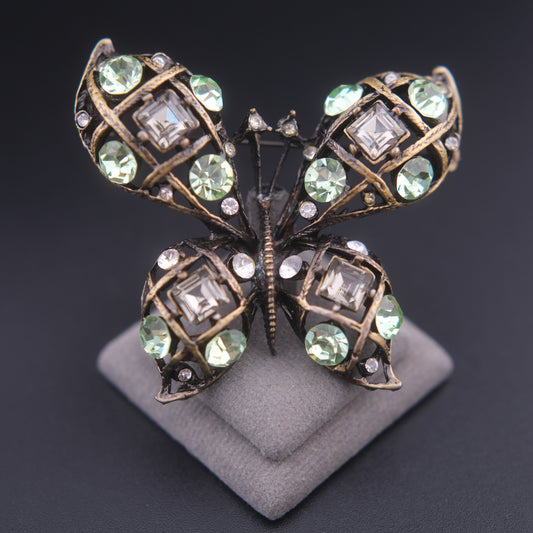 ❤️ Vintage Butterfly Rhinestone Brooch Domed Openwork Antique Gold Oxidized Cage