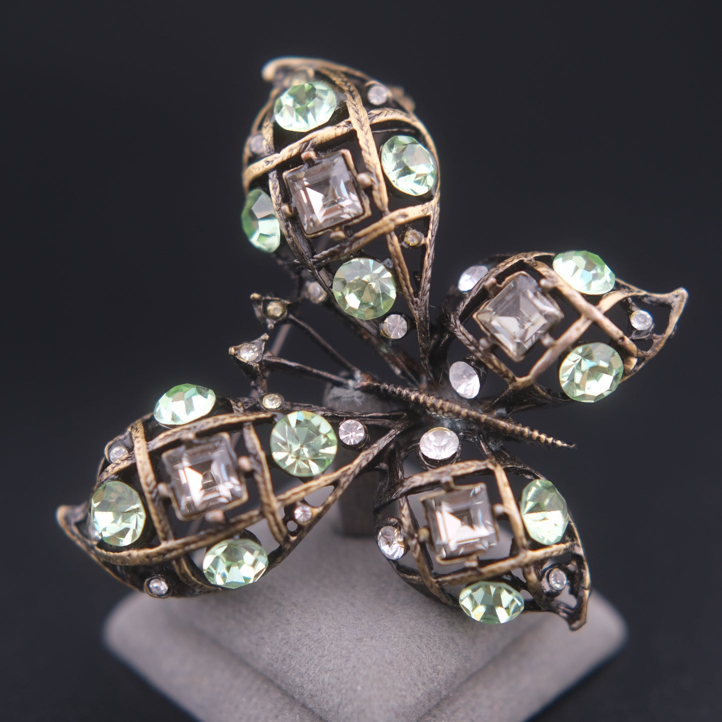 ❤️ Vintage Butterfly Rhinestone Brooch Domed Openwork Antique Gold Oxidized Cage