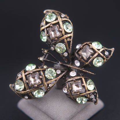 ❤️ Vintage Butterfly Rhinestone Brooch Domed Openwork Antique Gold Oxidized Cage