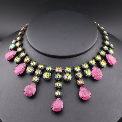 Vintage Statement Necklace with Pink Teardrop Stones & Aurora Borealis Rhinestones