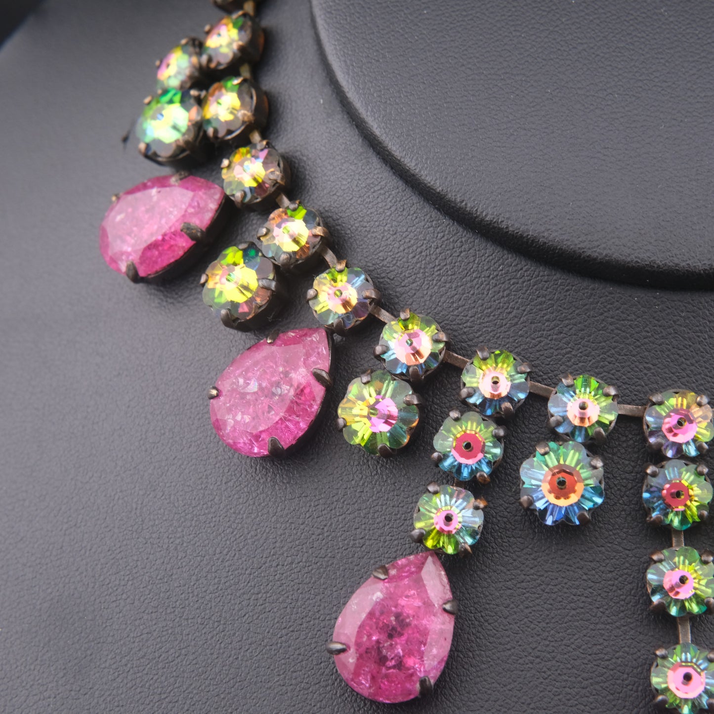 Vintage Statement Necklace with Pink Teardrop Stones & Aurora Borealis Rhinestones