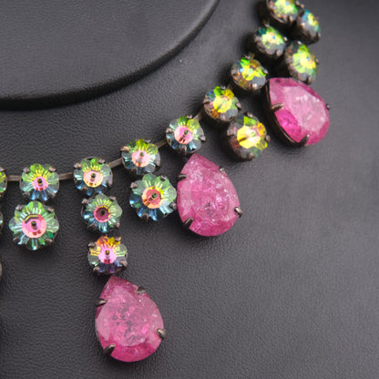Vintage Statement Necklace with Pink Teardrop Stones & Aurora Borealis Rhinestones