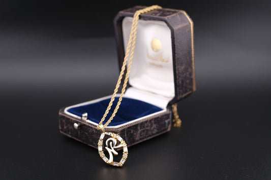 Vintage Nina Ricci Two-Tone Monogram Pendant Necklace with Rhinestones (1980s)