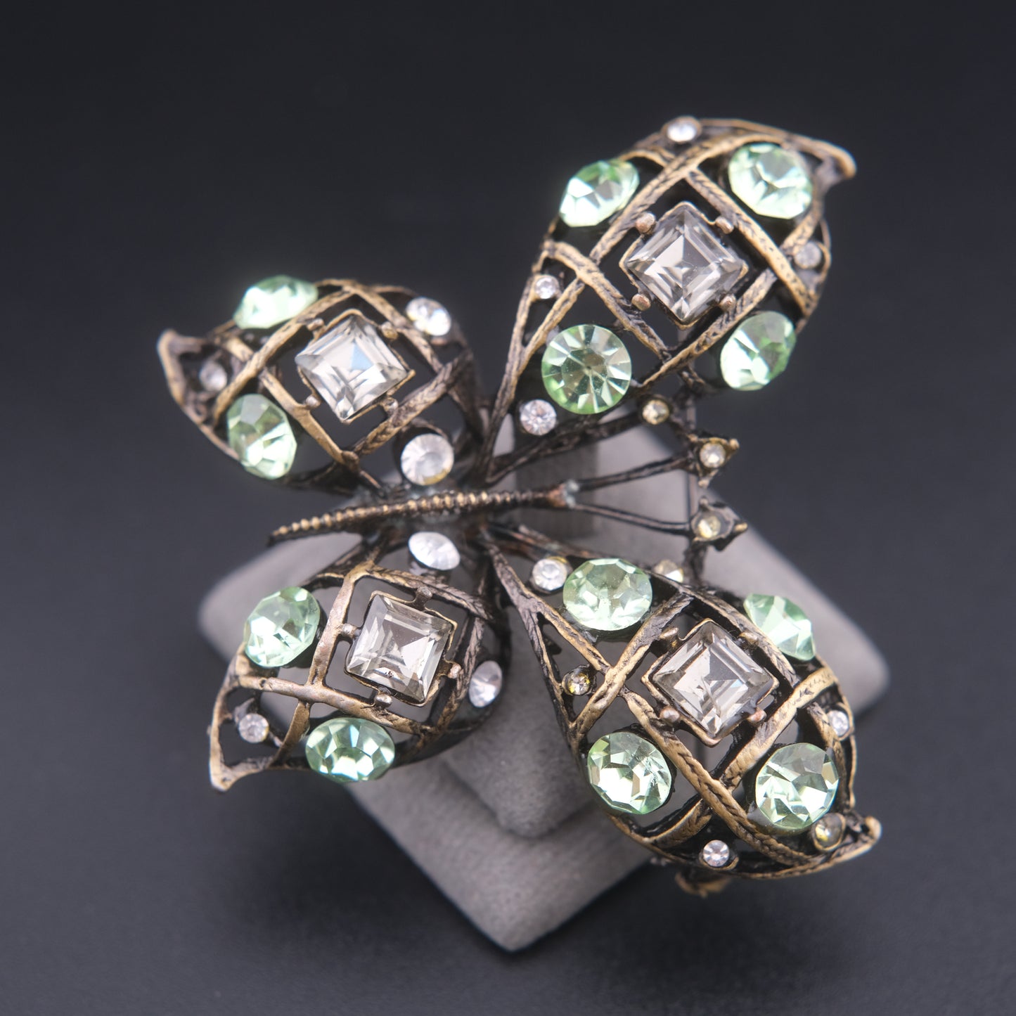 ❤️ Vintage Butterfly Rhinestone Brooch Domed Openwork Antique Gold Oxidized Cage