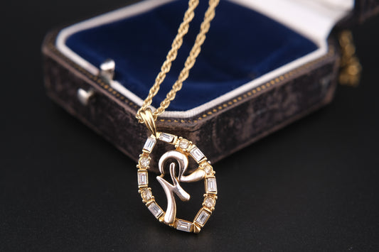 Vintage Nina Ricci Two-Tone Monogram Pendant Necklace with Rhinestones (1980s)