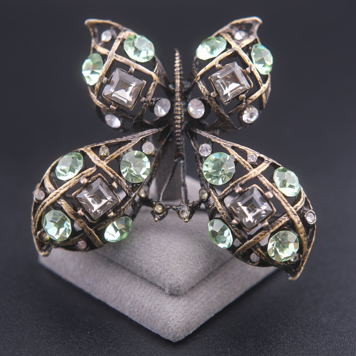 ❤️ Vintage Butterfly Rhinestone Brooch Domed Openwork Antique Gold Oxidized Cage