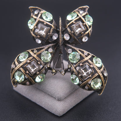 ❤️ Vintage Butterfly Rhinestone Brooch Domed Openwork Antique Gold Oxidized Cage