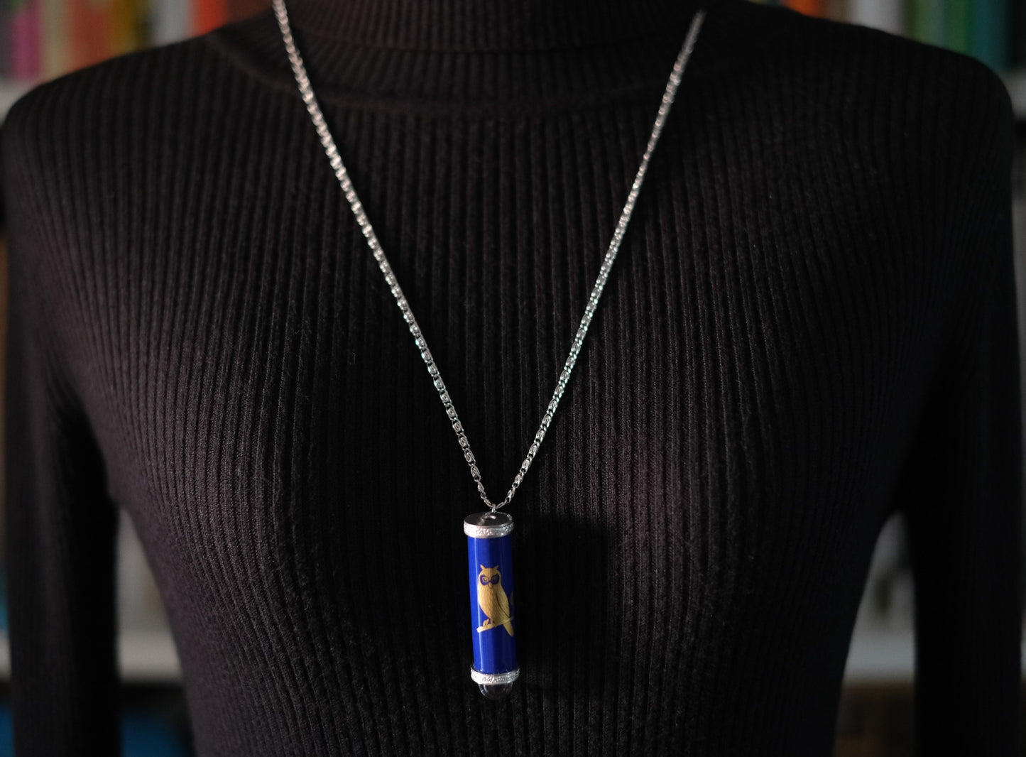 Koransha Blue Porcelain Kaleidoscope Pendant Necklace – Silver-Tone Accents with Glass Orb Tip