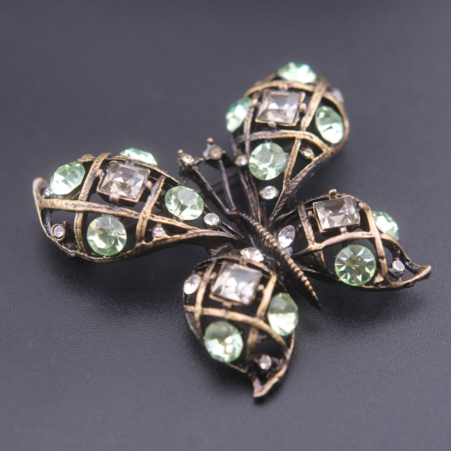 ❤️ Vintage Butterfly Rhinestone Brooch Domed Openwork Antique Gold Oxidized Cage