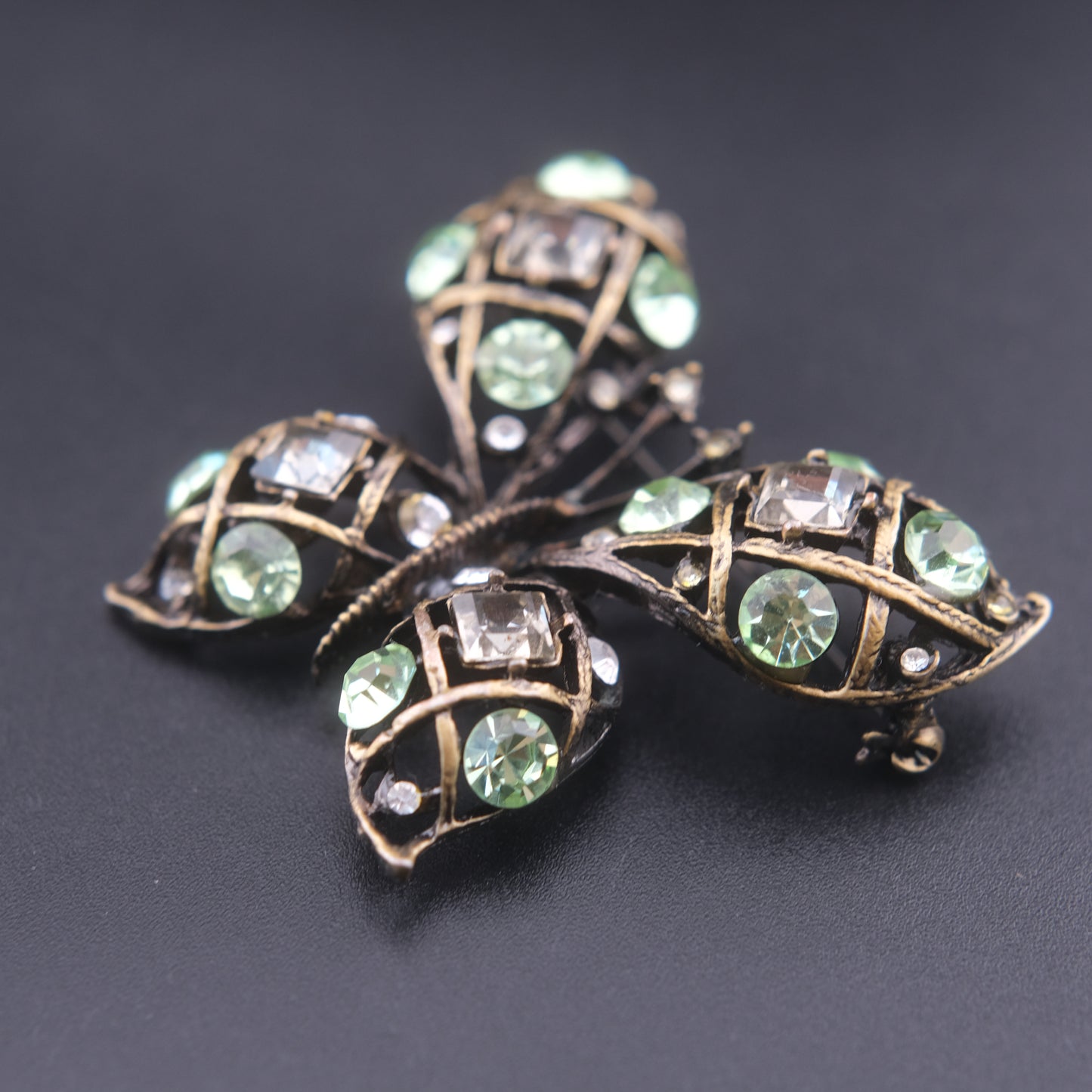 ❤️ Vintage Butterfly Rhinestone Brooch Domed Openwork Antique Gold Oxidized Cage