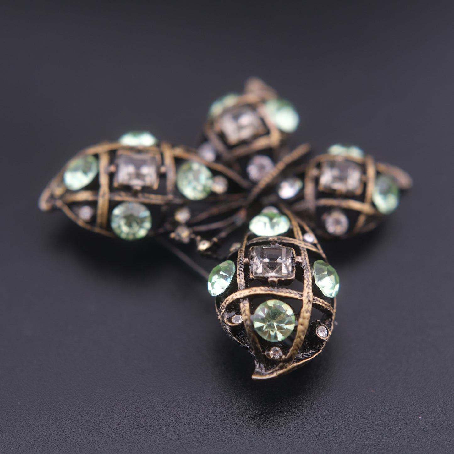 ❤️ Vintage Butterfly Rhinestone Brooch Domed Openwork Antique Gold Oxidized Cage
