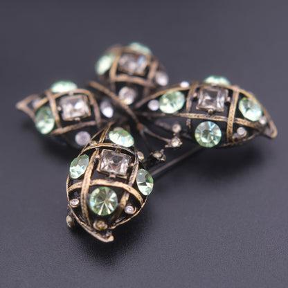 ❤️ Vintage Butterfly Rhinestone Brooch Domed Openwork Antique Gold Oxidized Cage