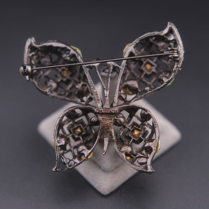 ❤️ Vintage Butterfly Rhinestone Brooch Domed Openwork Antique Gold Oxidized Cage