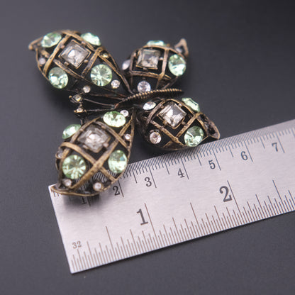❤️ Vintage Butterfly Rhinestone Brooch Domed Openwork Antique Gold Oxidized Cage