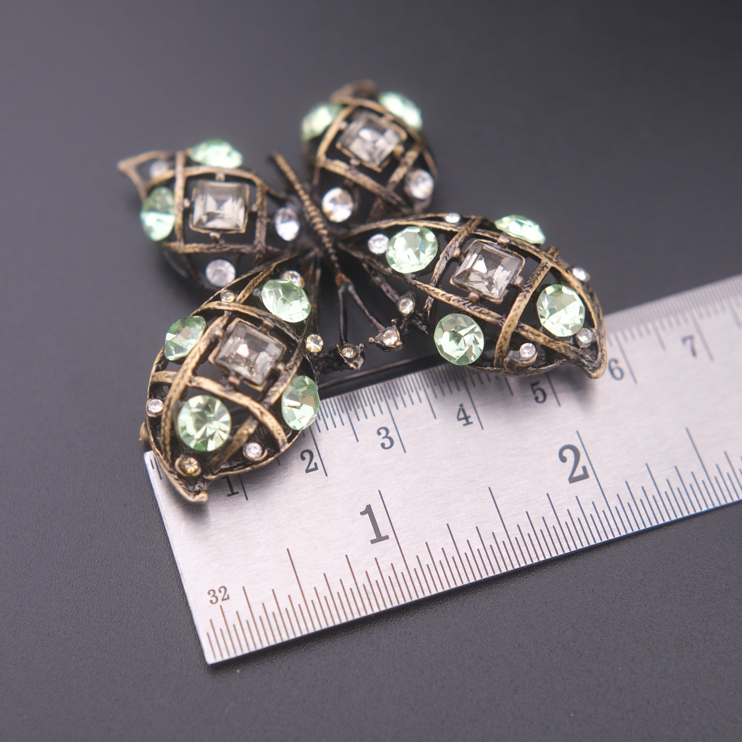 ❤️ Vintage Butterfly Rhinestone Brooch Domed Openwork Antique Gold Oxidized Cage