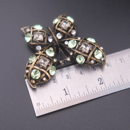 ❤️ Vintage Butterfly Rhinestone Brooch Domed Openwork Antique Gold Oxidized Cage