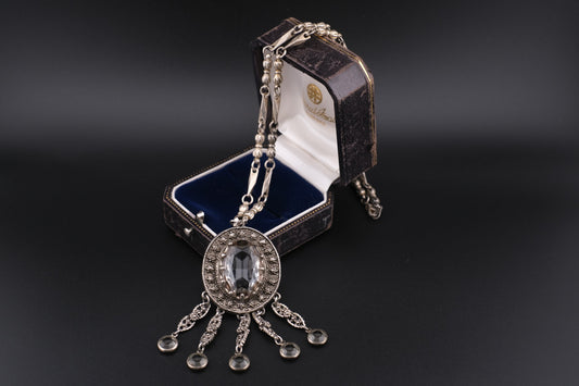✧ Vintage Signed Goldette Necklace – Victorian Revival Crystal Pendant ✧