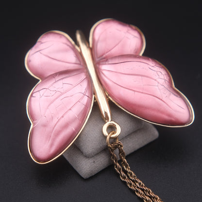 Vintage Pink Butterfly Pendant Necklace – Translucent Wings, Gold-Tone Setting, Statement 36” Chain