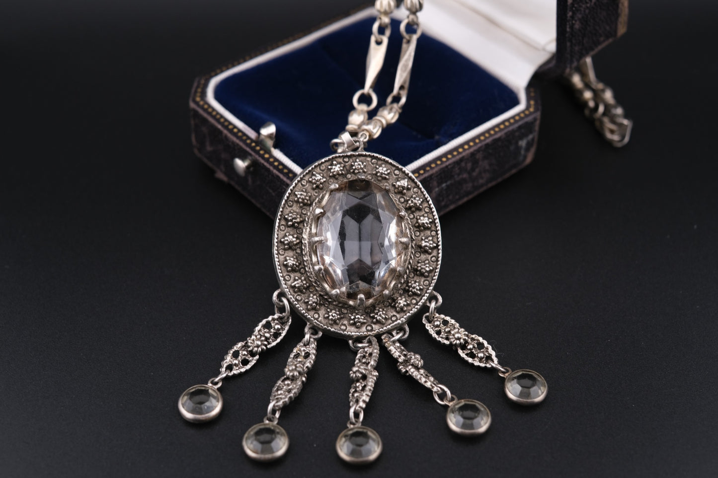 ✧ Vintage Signed Goldette Necklace – Victorian Revival Crystal Pendant ✧