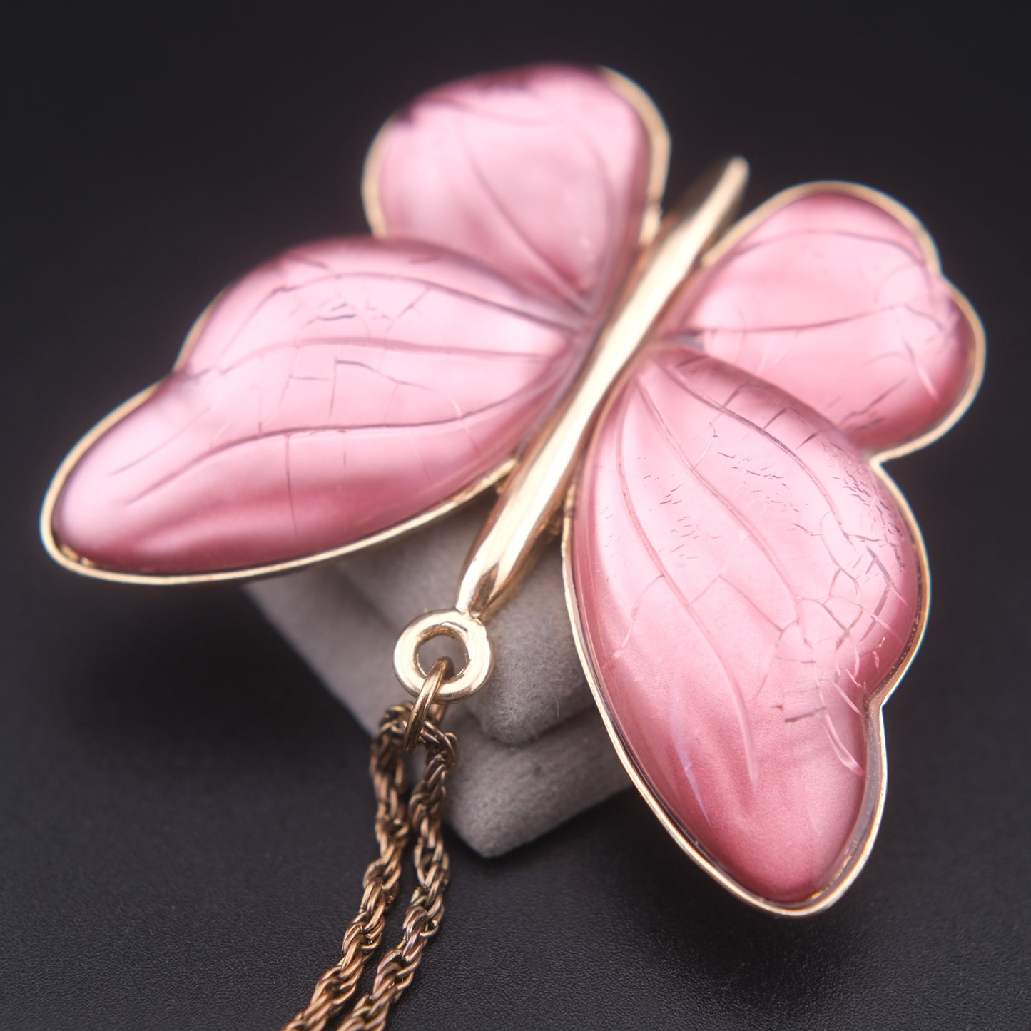Vintage Pink Butterfly Pendant Necklace – Translucent Wings, Gold-Tone Setting, Statement 36” Chain