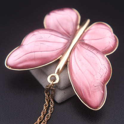 Vintage Pink Butterfly Pendant Necklace – Translucent Wings, Gold-Tone Setting, Statement 36” Chain